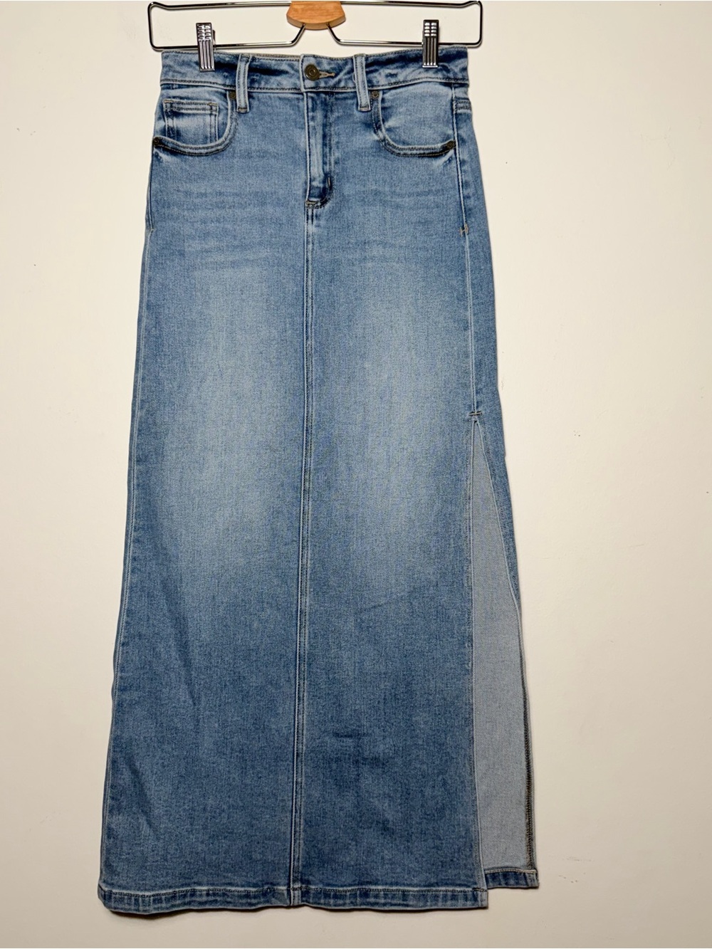 Classic Light Blue Denim Maxi Skirt with Side Panel